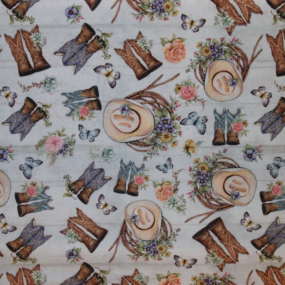 One Yard Cotton Fabric TOSSED BOOTS Cowboy Boots Hats Flowers on Blue - Picture 3 of 4